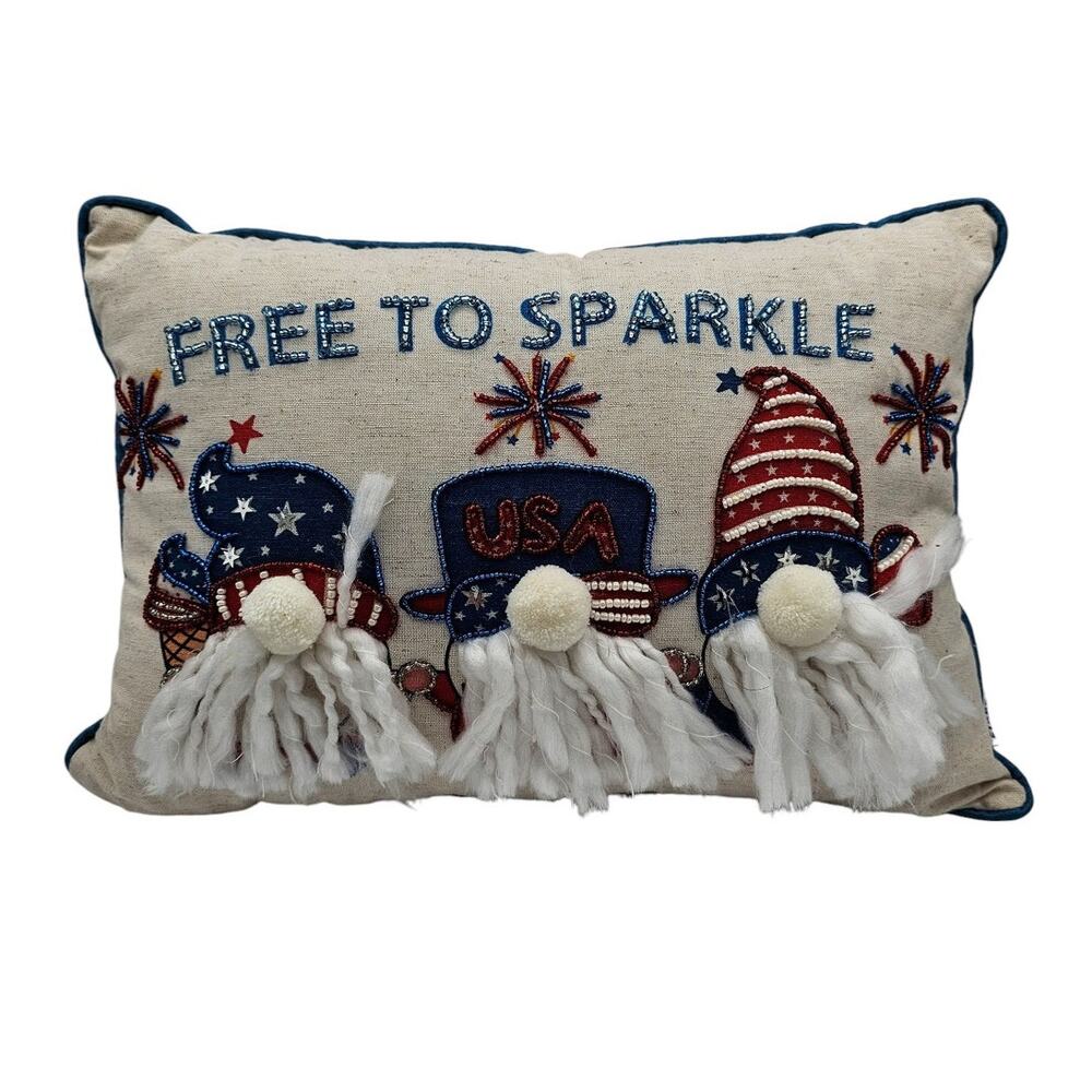 Stars and Stripes Patriotic Throw Pillow Gnome Free To Sparkle Beaded